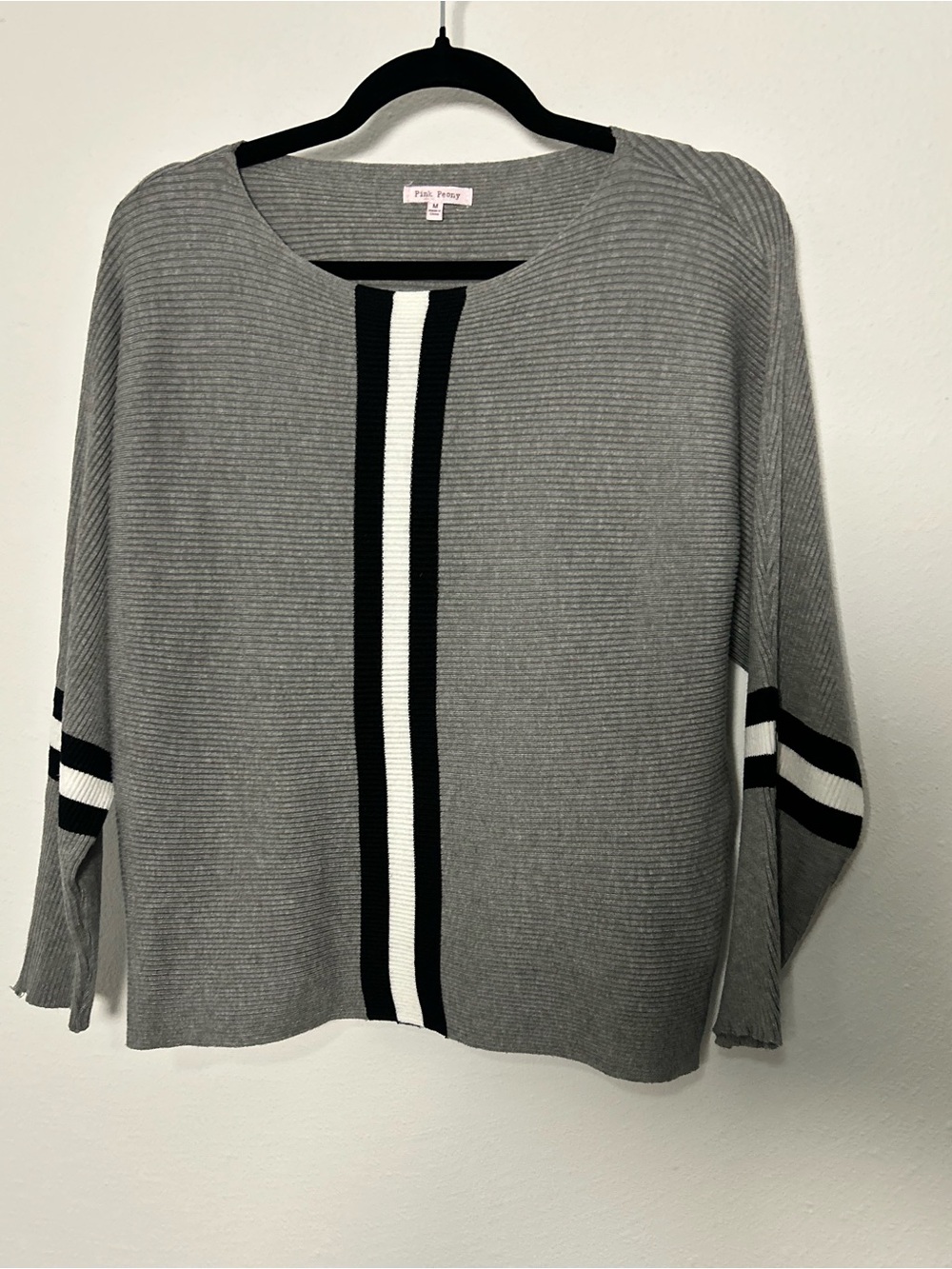 Pink Peony Gray Ribbed Crew Sweater